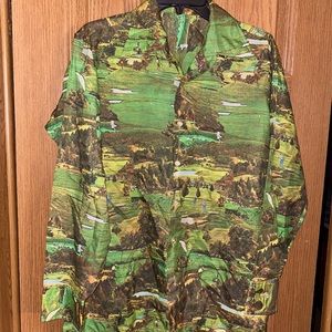 Unique Button down mens golf shirt. Pattern is a golf course photo print.